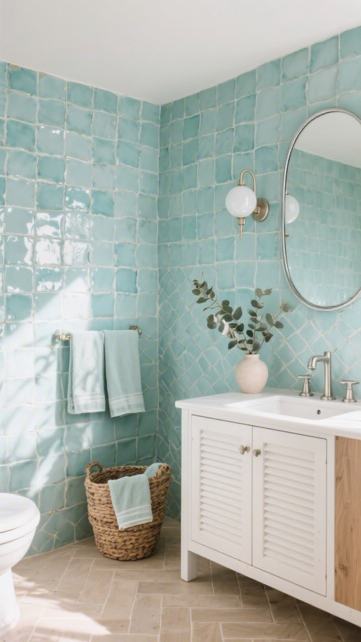 Photorealistic medium shot, corner angle: a serene coastal bathroom with handmade zellige wall tiles in soft watery teal, each tile slightly uneven and glossy, warm white grout catching light like ripples; matte sand-toned porcelain floor in a subtle herringbone; white oak vanity with slatted doors; brushed nickel fixtures; rounded-rectangle mirror with thin chrome frame; milk-glass globe sconces casting a soft glow; woven baskets, a eucalyptus sprig in a simple vase, and linen towels in seafoam; airy, breezy morning light, no people.