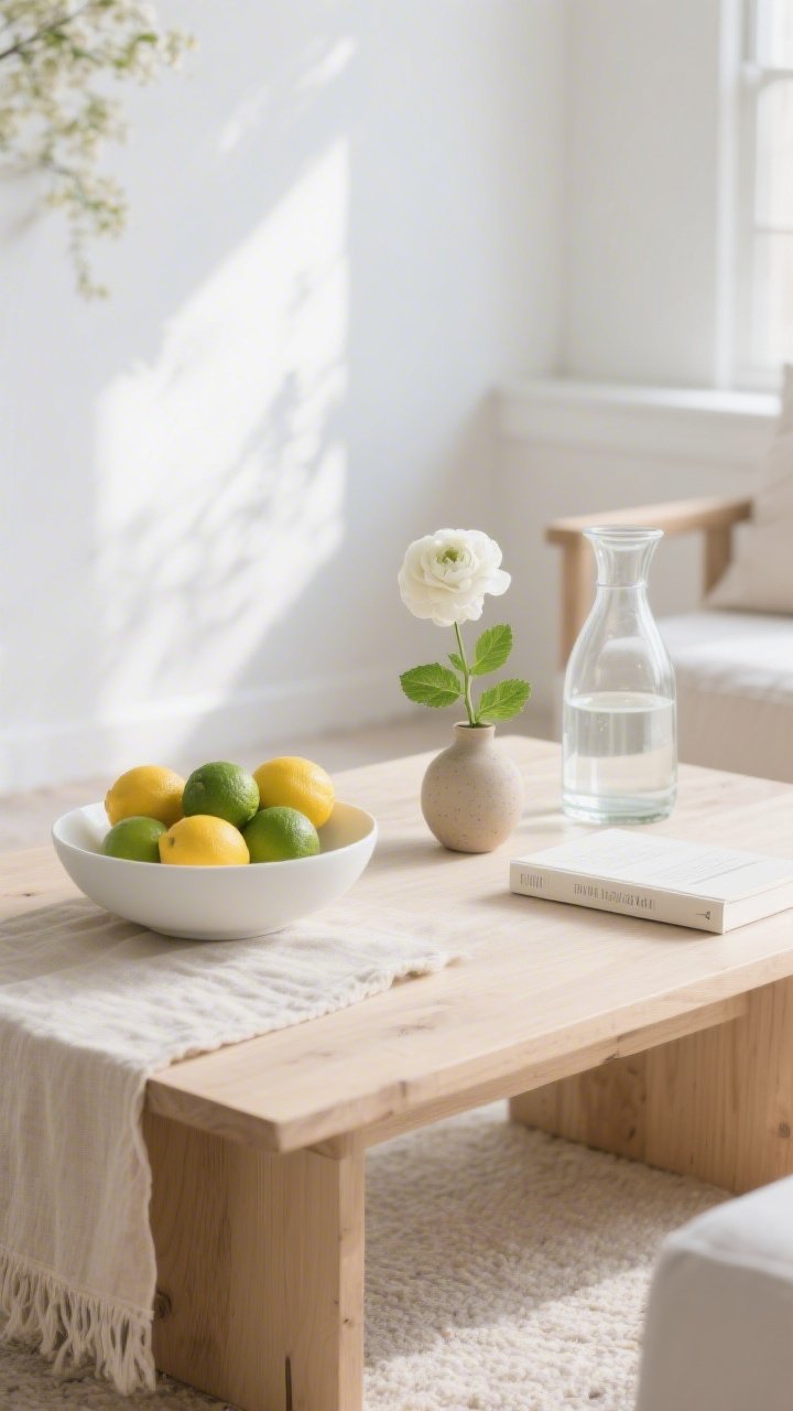 Photorealistic medium shot from a corner angle of a low, pale oak coffee table with a casually draped natural linen runner over one side, matte white shallow bowl filled with bright lemons and limes, a clear glass carafe of water with a fresh mint sprig, a tiny ceramic bud vase holding a single white ranunculus beside a thin paperback; palette of chalky whites, sandy beige, and sunlit wood, softly diffused spring daylight, uncluttered surroundings with subtly coastal vibe, clean lines and airy negative space