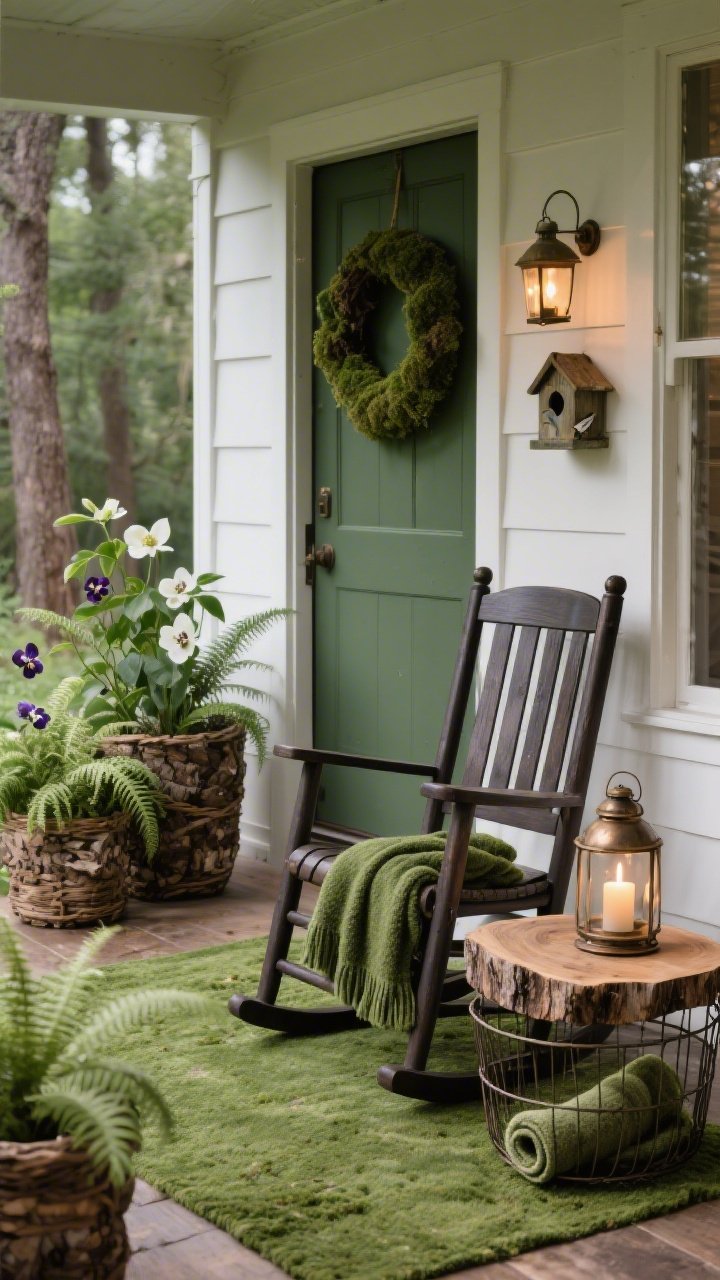 Photorealistic medium shot from a low corner angle of a rustic woodland nook: a dark-stained porch rocker beside a slab-wood side table set on a moss-green indoor/outdoor rug. Surround with fern-filled baskets, a moss wreath on the door, and bark-textured planters holding hellebores and white pansies. Aged bronze lanterns with LED candles provide evening ambiance. Include a wire basket holding a rolled wool-blend throw in hunter green and a small birdhouse/feeder hanging nearby. Color palette: forest green, bark brown, creamy white; mood: earthy calm.