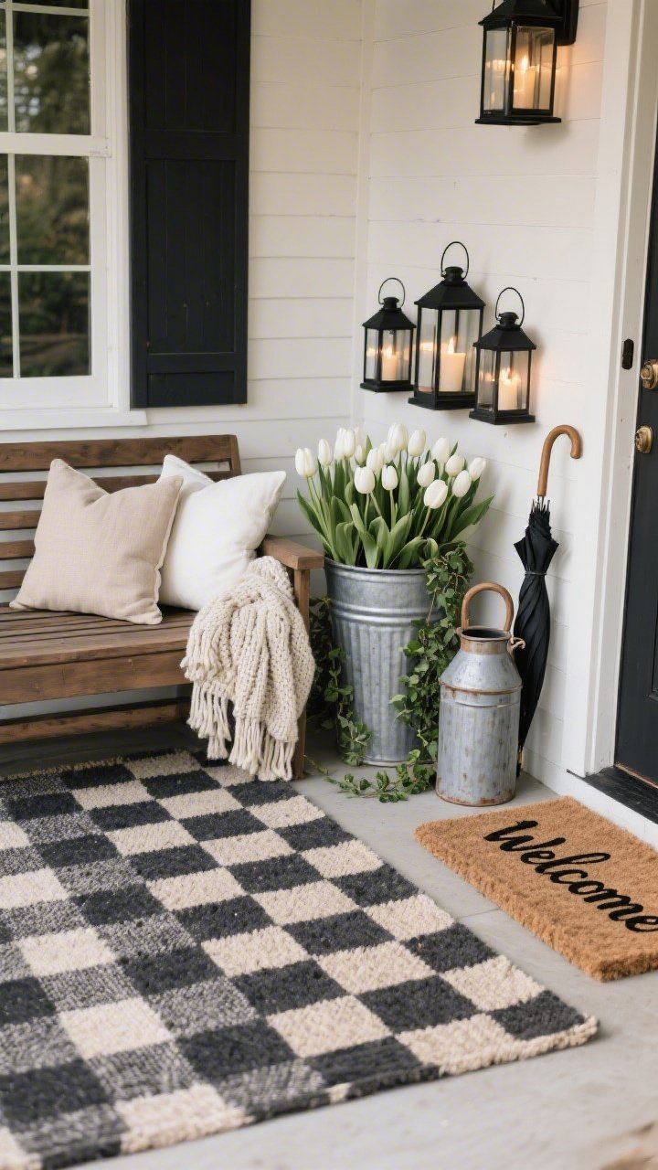 Photorealistic medium shot from a slight corner angle of a modern farmhouse porch vignette: a charcoal outdoor rug anchors a slatted wood loveseat stacked with linen pillows in oatmeal and ivory. Beside it, galvanized metal planters brim with white tulips and trailing ivy next to a trio of matte-black lanterns with warm flicker. A chunky knit throw spills over the arm; a vintage milk can repurposed as an umbrella stand rests nearby. Foreground detail: a layered checkerboard doormat stack (plaid base with coir topper) and a hand-lettered wooden welcome sign in black script. Color palette: creams, taupes, charcoal, soft greenery; mood: cozy without clutter.