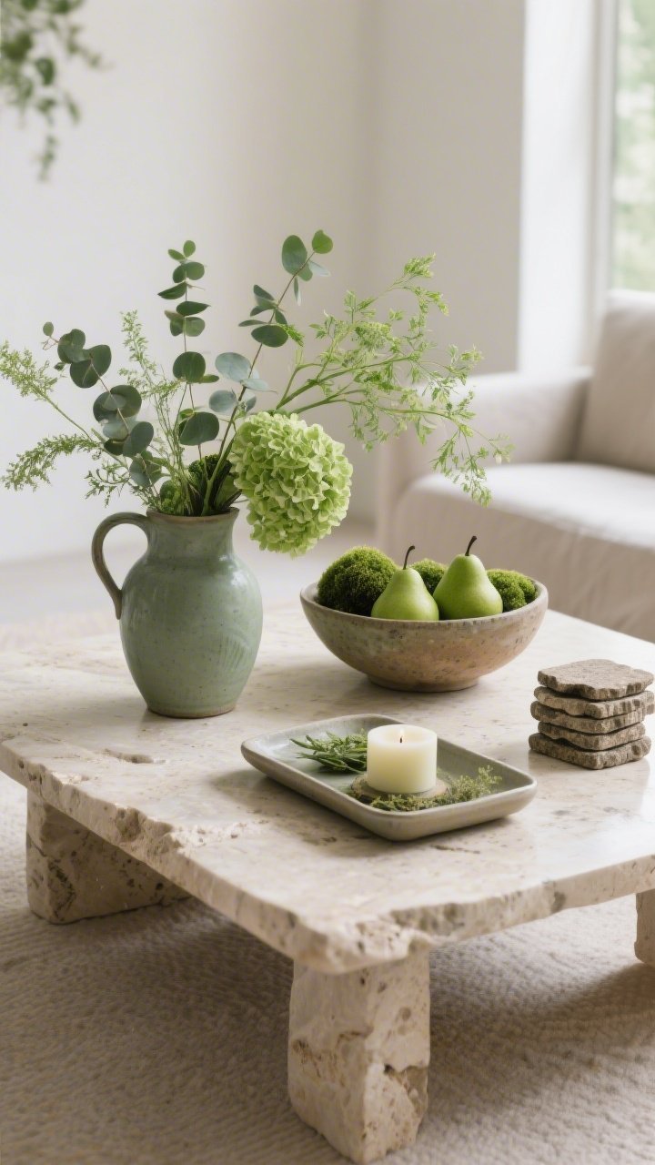 Photorealistic medium shot straight-on of a travertine coffee table (light, textured stone surface) showcasing organic meadow greens: a sage ceramic pitcher filled with eucalyptus, wild dill, and green hydrangea stems on one side; a hand-thrown bowl filled with moss balls and a few green pears on the other; a slim stoneware tray with an herbal candle and a small stack of rough-edged coasters; earthy-luxe mood, monochrome greens, tactile materials, gentle spring daylight grazing the stone texture