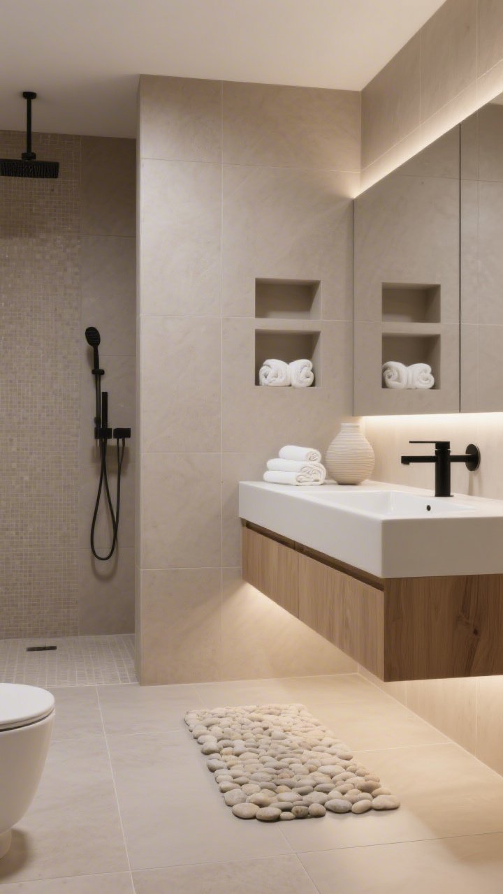 Photorealistic medium shot, straight-on: Scandinavian spa bathroom with large-format warm greige porcelain tiles on both floor and shower walls, minimal grout lines; floating maple vanity with integrated white solid-surface sink; matte black fixtures providing crisp contrast; slim LED vanity bar lighting and soft hidden toe-kick lights creating a calm glow; recessed niches tiled to match; accents limited to rolled white towels, a single ceramic vase, and a pale pebble bath mat; serene, minimalist atmosphere.