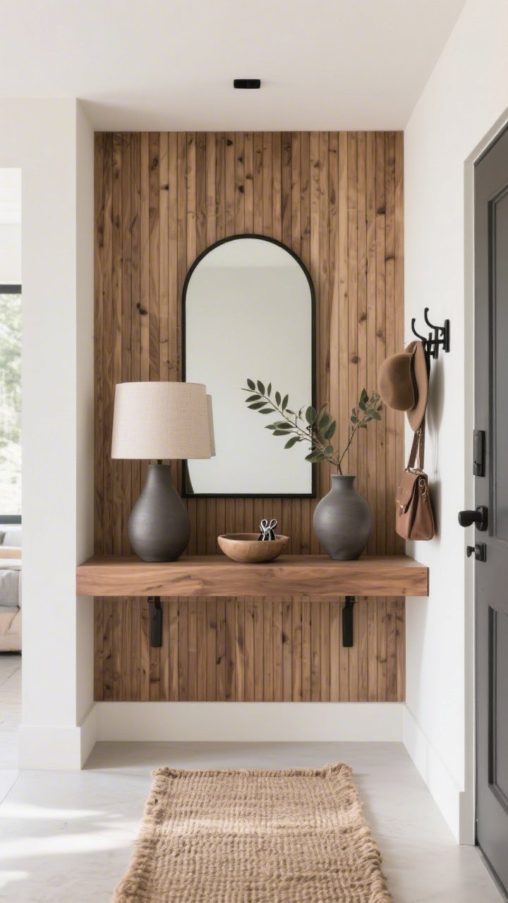 Photorealistic medium shot, straight-on view of a modern entryway: a slim slatted wood wall in warm oak behind a floating oak console; above it, an arched mirror with a thin black frame. On the console: a matte ceramic lamp, a low bowl for keys, and a leafy branch in a sculptural vase. Palette in sand, cream, and soft charcoal. Underfoot, a textured jute runner. Discreet black metal wall hooks to the side for bags and hats. Soft natural daylight, clean lines, cozy modern warmth.