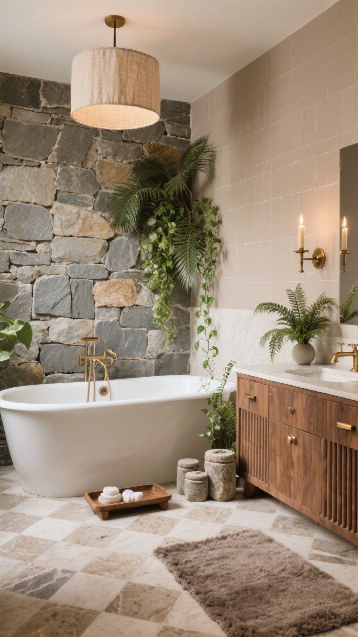Photorealistic medium shot, tub-focused angle: nature-luxe bathroom with porcelain tiles mimicking travertine set in a French pattern on the floor; mushroom-colored satin-finish wall tiles; warm walnut vanity with fluted fronts; champagne bronze fixtures; freestanding tub backed by a textured stacked slate-look feature wall; natural linen drum ceiling light and candle-style sconces providing soft, warm lighting; ferns and trailing pothos adding greenery; wooden bath tray, stone canisters, and a plush taupe rug; grounded, spa-like ambiance.