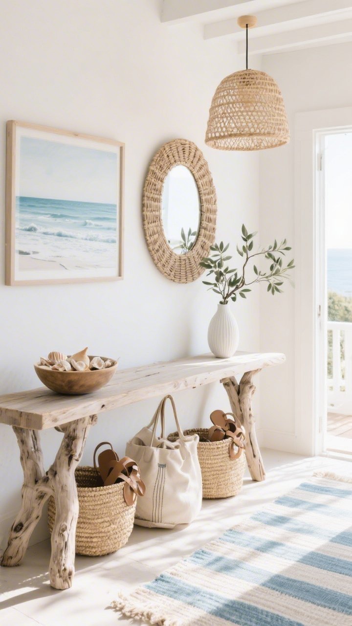 Photorealistic medium shot with breezy coastal feel: a sun-washed driftwood console beneath an airy woven pendant light. Colors in oatmeal, white, and soft blue. A seagrass basket trio under or beside the console for sandals and totes. On the wall: a coastal landscape print in misty blues alongside a round rattan mirror for texture. A striped indoor-outdoor runner leads into the space. Bowl of seashells on the console and a slender vase with olive tree or eucalyptus branches. Bright, airy natural light with soft shadows.