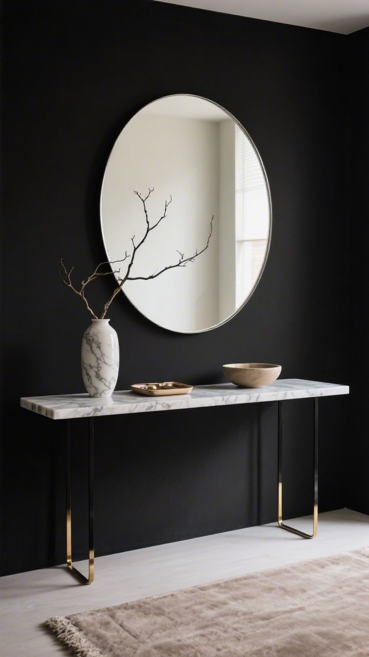 Photorealistic minimal luxe closeup, straight-on: a slim marble-topped console with thin black or brass legs set against a monochrome black-white-ivory palette. Above, a large round mirror with no frame or a razor-thin metal edge. Styling is spare: one sculptural branch in a minimal vase, a small catchall tray, and a low bowl. Pale taupe runner visible at the bottom edge. Texture mix emphasized—veined marble, metal legs, nubby wool runner, smooth lacquer surface. Diffused, calm daylight with subtle reflections.