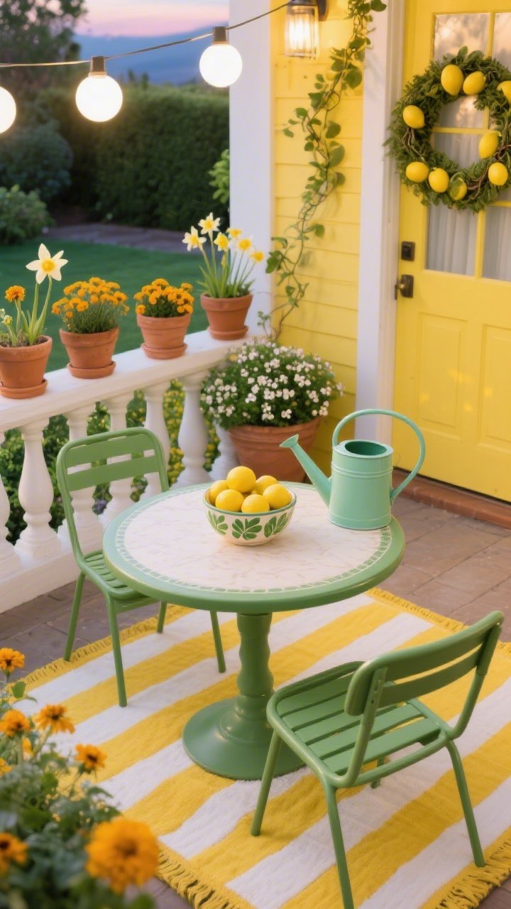 Photorealistic overhead/angled detail shot focused on citrus garden color: a round café table with leafy green bistro chairs, topped with a ceramic bowl of real lemons. Terra-cotta pots along the rail overflow with marigolds, daffodils, and sweet alyssum. A striped yellow-and-white rug beneath, and a lemons-and-vines wreath visible on the door in the background. Include a mint-green watering can placed as functional decor. Lighting: warm white globe lights beginning to glow at dusk, casting a cheerful garden-party ambiance. Color palette: zesty yellow, herb green, crisp white.