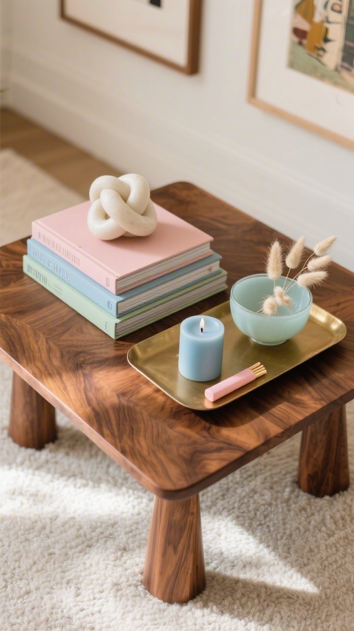 Photorealistic overhead detail shot of a warm walnut square coffee table styled like a mini gallery: two stacks of art books with spines in blush, periwinkle, and sage forming staggered heights; one topped with a rounded alabaster knot sculpture, the other with a small pastel glass bowl holding dried bunny tails; a slim brushed brass tray centered with a powder-blue candle and pale pink match striker; soft natural daylight, editorial yet unfussy arrangement, pastel tones popping against the walnut grain