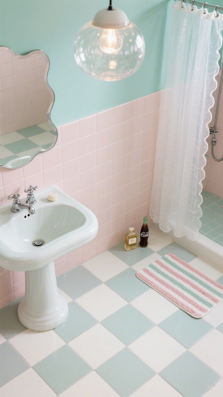 Photorealistic overhead detail shot: retro pastel bathroom floor in an 8x8 porcelain checkerboard of mint and cream (or blush and dove gray), light grout; a glimpse of glossy pastel wall tiles in the same color family, slightly deeper shade, stacked to the ceiling for a candy-shell glow; curvy pedestal sink base and chrome taps with porcelain levers partially in frame; bubble-glass globe ceiling light casting gentle reflections; wavy-edge frameless mirror edge visible; clear shower curtain with a scalloped hem; striped bath mat and vintage perfume bottles styled nearby; cheerful, soda-shop vibe, no people.
