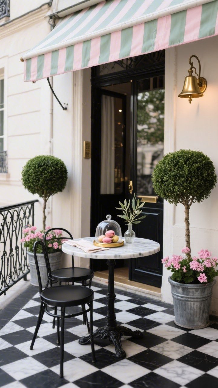 Photorealistic straight-on wide shot of a French bistro balcony: black-and-white checker rug, petite marble-topped bistro table with slim wrought-iron chairs. Doorway flanked by boxwood topiaries in classic urns; a stripe awning-style valance provides shade. Flowers are neat and edited: pale pink geraniums in zinc planters and a slim olive tree for height. On the table: a linen runner, a glass cloche with macarons, and a gold-rimmed bud vase. Include a bell-shaped brass sconce on the wall emitting a warm old-world glow. Color palette: black, white, soft pink, muted green; mood: minimal and chic.