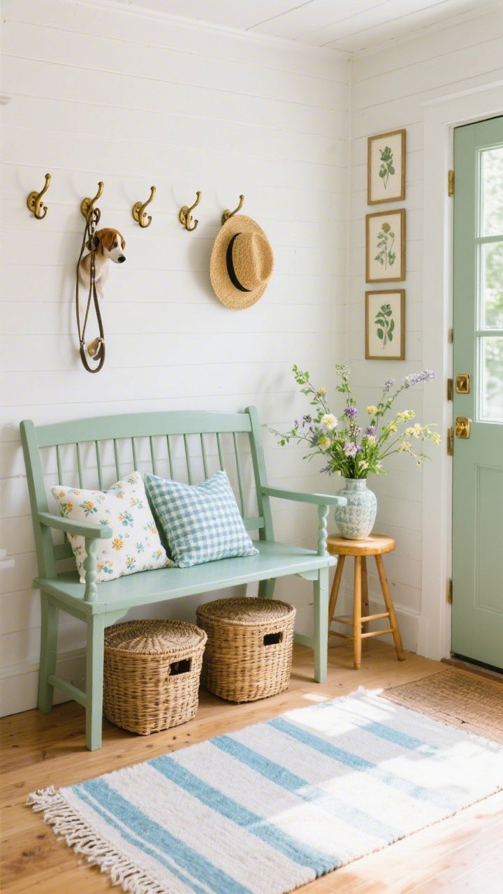 Photorealistic wide room shot from a slight corner angle of a cottage-style entry: a spindle-back bench painted muted sage (light robin’s-egg blue accents welcome), topped with two petite pillows in gingham and tiny floral prints. Below, two lidded wicker baskets for storage. Above, a cluster of antique brass hooks holding straw hats and a dog leash. A small gallery of botanical prints on the wall and a vase of fresh cut garden stems on a side stool. Color story of sage, cream, honey wood, and soft brass. Flatweave rug with a subtle stripe. Bright, cheerful natural light.