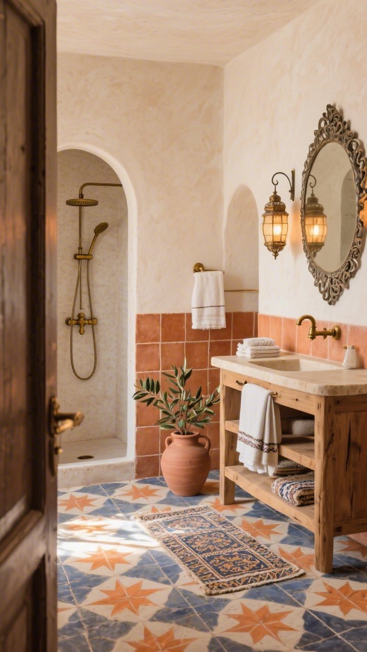 Photorealistic wide shot, angled from the doorway: Mediterranean bathroom with encaustic-look patterned floor tiles in burnt orange, indigo, and cream forming a classic star motif; walls clad mid-height in matte terracotta square tiles, above finished with a soft sand-toned limewash; rustic wood vanity topped with creamy stone; antique brass cross-handle taps; curved niche in the shower; ornate carved or hammered-metal mirror; lantern-style sconces with warm light; Turkish towels, a patterned rug, and an olive branch in a clay jar; sunlit, layered warmth.