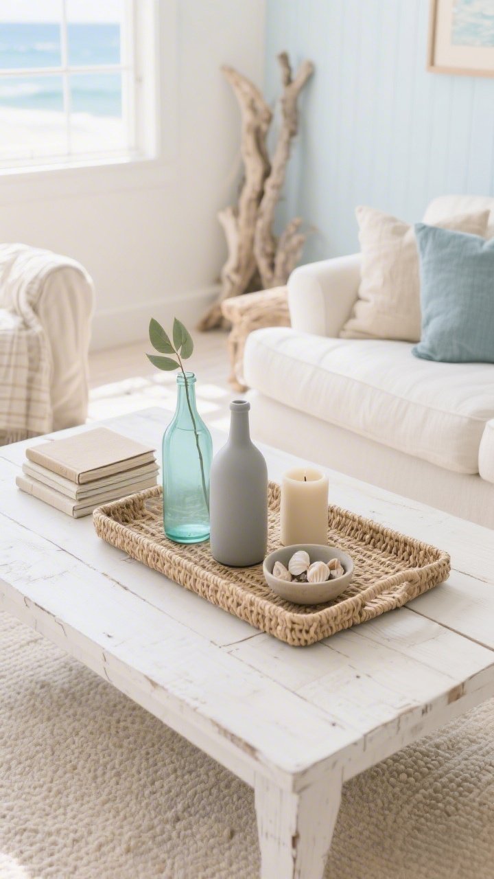 Photorealistic wide shot of a breezy coastal living room vignette centered on a whitewashed wood coffee table with a long rectangular seagrass tray: inside are two matte sea-glass bottles in pale aqua and smoke gray, each with a single leafy stem; a small stack of linen-bound journals, a sand-colored ceramic candle, and a small bowl of neutral-toned collected shells; palette of oat, driftwood, and misty blue; bright, airy natural light, clean and effortless coastal mood without kitsch, viewed from a slight overhead angle to show the tray layout
