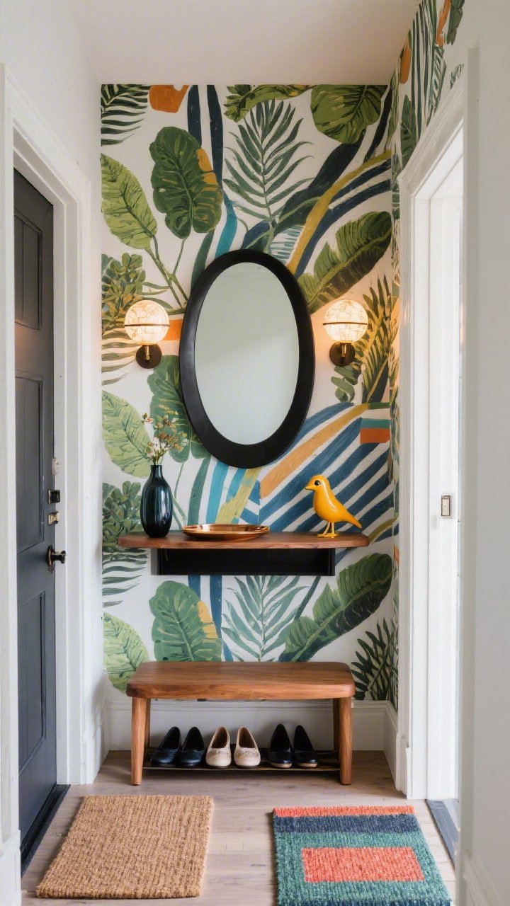 Photorealistic wide shot of a small entry, corner angle: walls wrapped in bold statement wallpaper with oversized botanicals (or abstract geometrics/painterly stripes). A simple sculptural wall-mounted shelf in black or natural oak provides streamlined storage. Minimal oval mirror above the shelf; a pair of globe sconces flanking it for warm glow. On the floor, a compact storage bench for shoes. A punchy doormat that echoes two key wallpaper colors; accessories limited to one vase, one tray, and one unexpected pop (a bright ceramic bird). Intentional, graphic impact with balanced lighting.