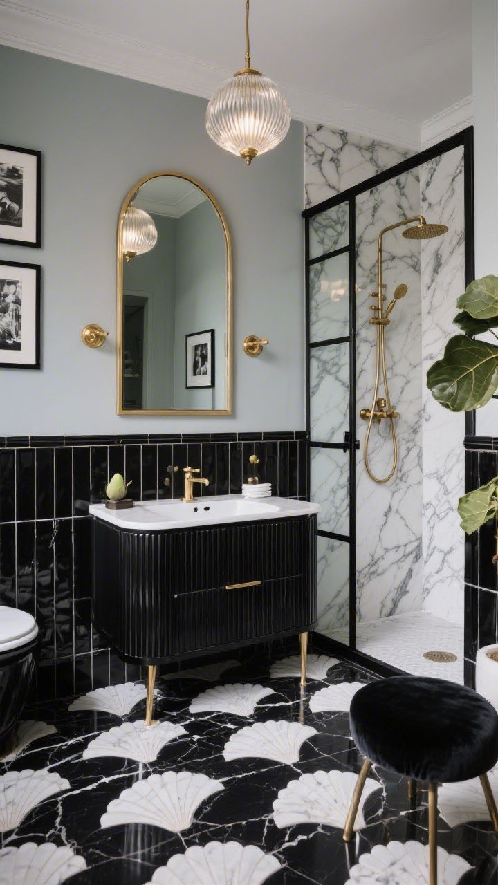 Photorealistic wide shot, straight-on: bold Art Deco bathroom featuring a high-contrast black-and-white marble mosaic floor in scallop/fan shapes; glossy black subway tiles stacked vertically up to chair-rail height; above, walls painted soft greige; lacquered black vanity with ribbed fronts; arched mirror with a wide brass frame; brass fixtures; elegant fluted glass pendant over the sink; shower with black-framed glass door and white marble walls with bold veining; accents include a velvet stool, black-and-white art prints, and a fig leaf plant; moody, dramatic lighting with gentle highlights on brass.