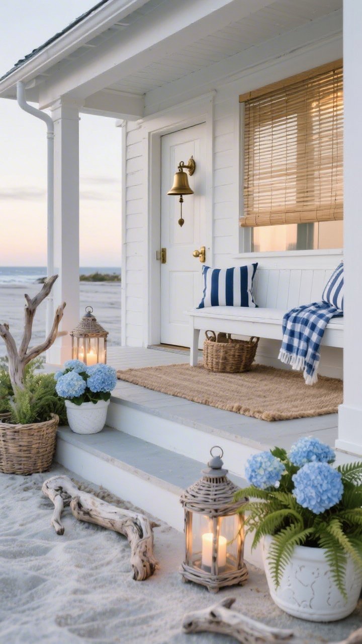 Photorealistic wide shot, straight-on view of a breezy coastal cottage porch: a whitewashed bench with navy-and-white striped cushions, a natural jute rug underfoot, and weathered wicker lanterns glowing with soft candlelight at dusk. Pale blue hydrangeas and lush ferns in white ceramic planters line the steps. Include driftwood-style accents, woven baskets, a brass-finish ship bell door chime near the door, a lightweight bamboo shade filtering late-afternoon sun, and a blue gingham throw draped over the bench. Color palette: crisp whites, sea blues, sandy neutrals; mood: light, fresh, coastal.