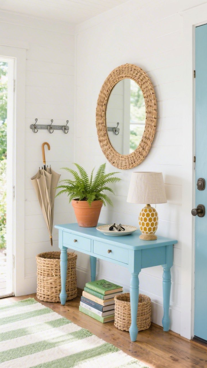 Straight-on entryway scene with cheerful garden-fresh details: a small console or accent bench painted soft sky blue topped by a round rattan-framed mirror. Floor layered with a cream-and-sage striped indoor-outdoor runner; a woven umbrella stand beside a galvanized wall hook rail. On the console, a terracotta pot with a hearty fern, a ceramic tray for keys, a honeycomb table lamp with a linen shade, and a small stack of garden books. Natural rattan and sage accents, bright daylight, photorealistic.