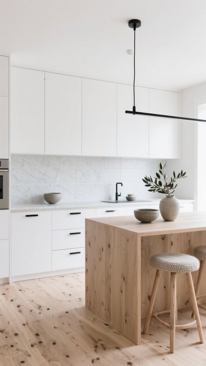 Straight-on medium shot of a Scandinavian minimal kitchen featuring natural oak flooring with minimal knots and soft matte finish; flat-front white cabinets to the ceiling with slim black pulls; pale gray quartz countertop; white tile backsplash in a vertical stack; streamlined oak island echoing the floors; light oak stools with boucle seats; black linear pendant lighting; stoneware bowls and olive branches in a ceramic vase; bright, even daylight for an airy, organized feel, photorealistic.