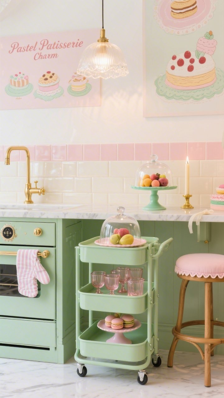Straight-on medium shot, “Pastel Patisserie Charm” display: glossy surfaces in pistachio, buttercream, and rose quartz tones; a small rolling cart painted pistachio green holding rose-tinted glassware; stacked cake stands with cloches displaying fruit like a boutique bakery; backsplash of small square tile in soft pink or cream; gold or champagne hardware sparkling; bentwood counter stools with blush cushions; scalloped-edge tea towels and pastel-striped oven mitts; fluted glass pendant casting a sweet, luminous glow; framed bakery illustrations on the wall; vanilla candle subtly present; playful, polished, macaron-like finish.