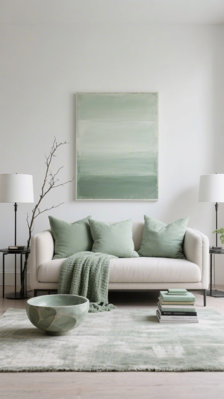Straight-on medium shot, studio spring monochrome: choose soft sage as the unifying hue repeated in three pillow tones on a neutral sofa, a textured sage throw, and one oversized art piece in coordinated sage gradients. Accessories are minimal: a single sculptural bowl, a tall branch arrangement, and a stack of books with matching sage-toned spines. Neutral, low-contrast rug underfoot; white drum lamp shades create an even, gallery-like glow; metal accents in matte black or brushed nickel provide quiet edges. Intentional, calm, photorealistic.