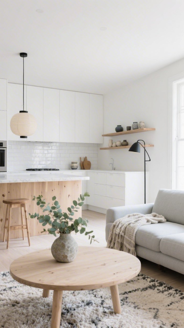 Straight-on wide shot of a Scandinavian light living room-kitchen: white slab perimeter cabinets, whitewashed oak island, stacked white tile backsplash, snow-white quartz counters bouncing light. Living zone with a pale gray sectional, round birch coffee table, nubby wool rug, slim black floor lamp, open shelving styled with curated ceramics, a paper lantern pendant. Soft natural daylight, hints of sage via eucalyptus in a stone vase and textured throws. Minimal, bright, and warm.