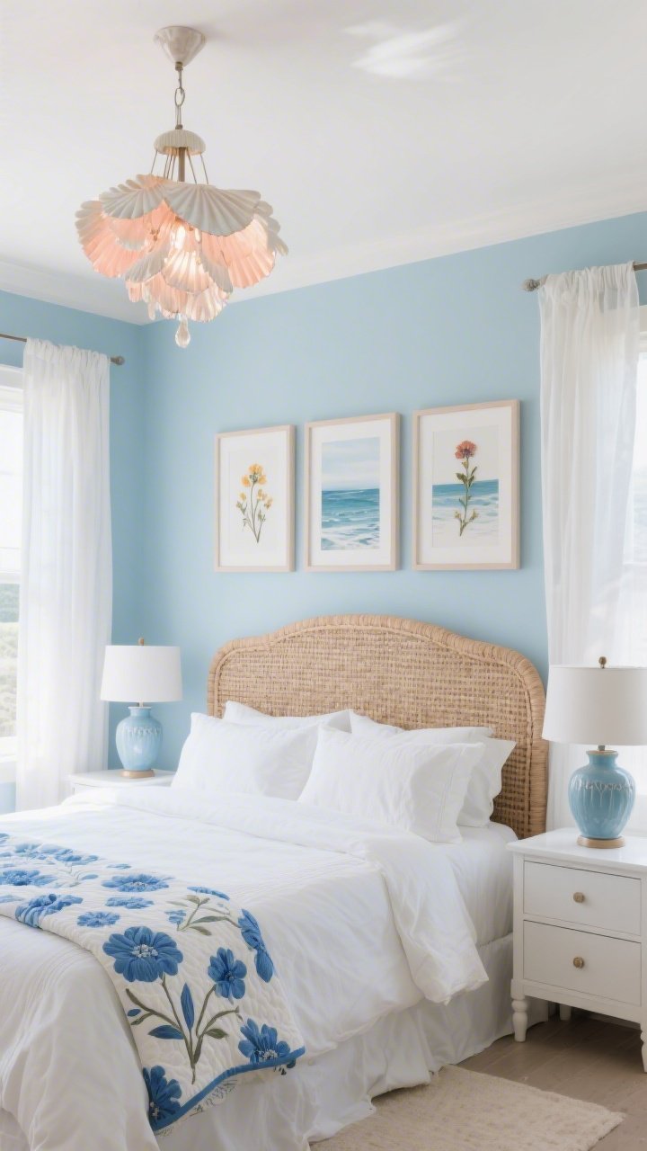 Wide bedroom retreat with coastal bloom vibe: white percale duvet on the bed with a cornflower-blue floral quilt folded at the foot, a woven headboard adding texture. White nightstands hold ceramic lamps with sky-blue bases; overhead hangs a capiz shell chandelier scattering gentle light. Art features a seascape print or trio of pressed flower frames. Sheer white curtains layered over a soft blackout shade. Palette of cornflower blue, white, sand, and a hint of soft coral; serene morning light, photorealistic.