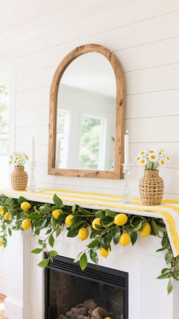 Wide, cheerful straight-on shot of a citrus-fresh mantel: white beadboard backdrop, pale yellow-and-white striped runner across the mantel, large arched wood mirror centered; greenery base of lemon leaf branches with scattered real or faux lemons for pops of sunny color; white taper candles in clear glass holders to keep the look crisp; two small rattan-wrapped vases with daisies or chamomile; natural rattan accents, fresh green and bright white tones; bright daylight for an uplifting, sunny mood.