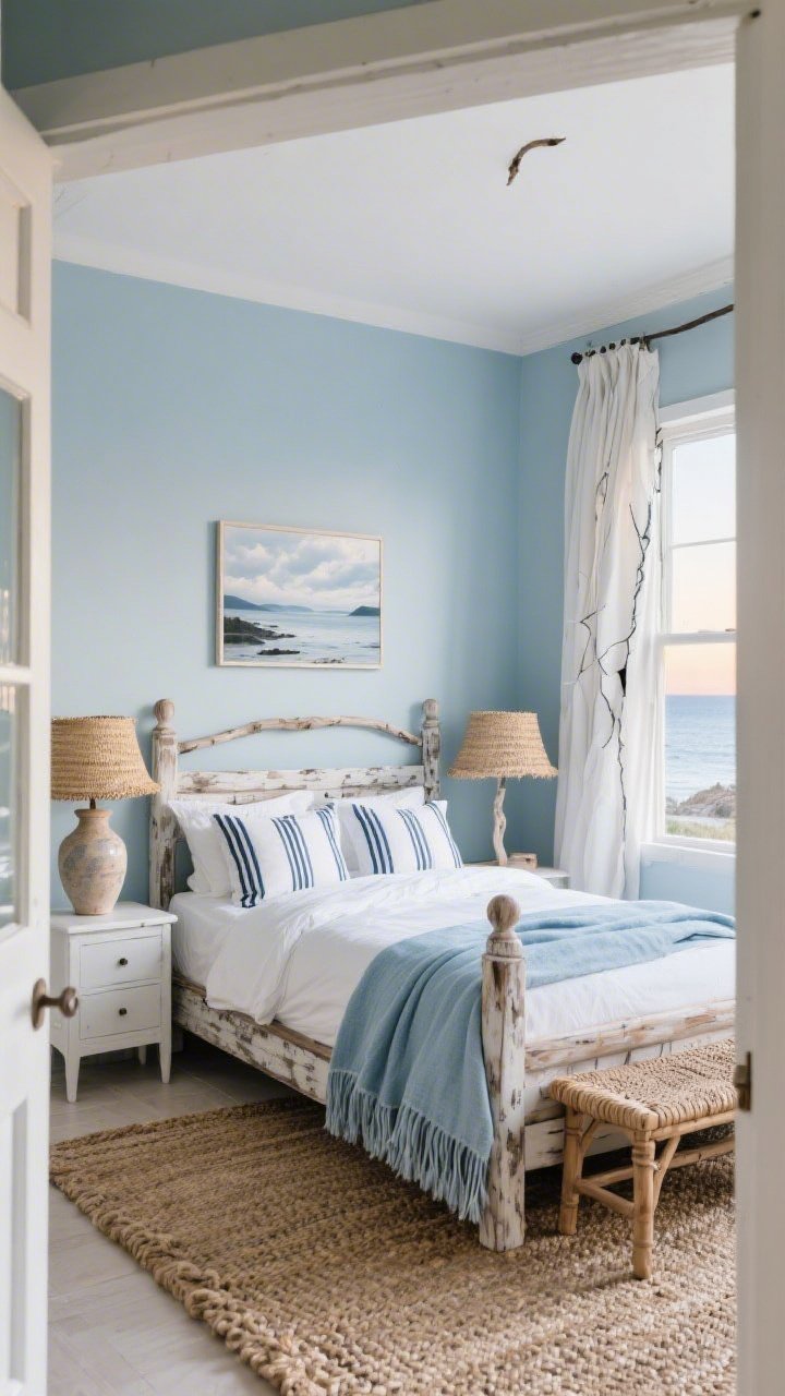 Wide coastal bedroom scene from the doorway: misty blue walls, a weathered/distressed wood bed frame with crisp white bedding and thin navy pinstripe pillows. Natural fibers throughout—chunky sisal rug, raffia lamp shades, billowing linen curtains by a cracked-open window. White-painted nightstands, woven bench at the foot of the bed, a faded-tone coastal landscape print above. Textured pottery, ceramic table lamp, soft blue fringed throw. Cool, clean sunrise mood with cloud white, driftwood, inky navy accents.