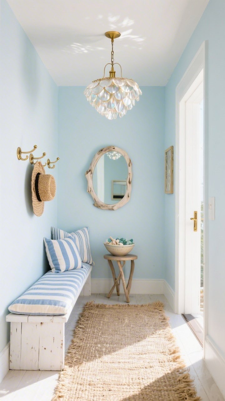 Wide coastal entryway with airy, sunlit ambiance: soft powder-blue walls, a whitewashed wood bench topped with striped linen cushions in sky blue and sand; natural seagrass rug grounding the space; overhead a shimmering capiz shell chandelier catching light like sunlight on water; brushed brass hooks on the wall holding woven hats; a pale driftwood-framed mirror reflecting light; a narrow side table holding a ceramic bowl of beach glass; palette of powder blue, white, sand, and brushed brass, photorealistic.