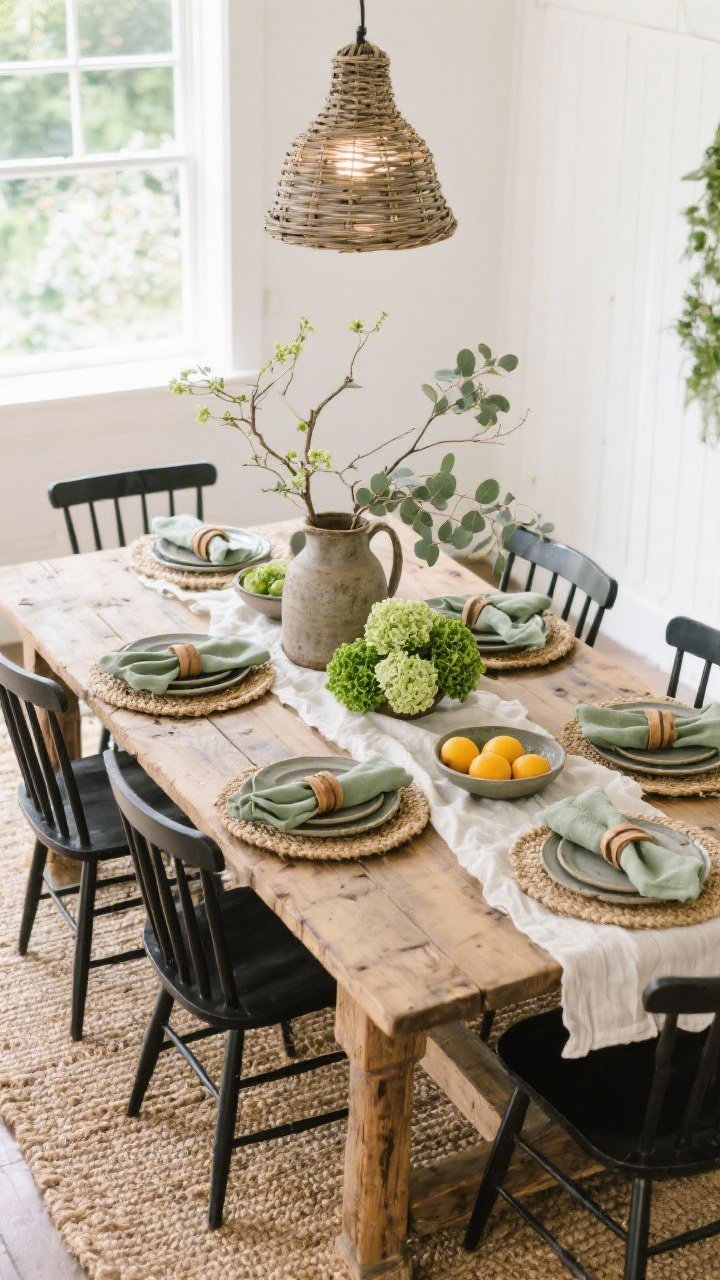Wide dining room shot from a slight overhead angle: A rustic garden dining room with a reclaimed wood trestle table and black spindle chairs on a natural jute rug. Above, a wicker bell pendant casts a soft, diffused glow. Casual spring tablescape: stoneware plates on seagrass chargers, sage linen napkins tucked into wooden napkin rings, a crinkled white table runner. Asymmetric foraged centerpiece in a rustic jug with branches, green hydrangeas, and eucalyptus; a shallow bowl of citrus adds fresh color. Palette of wood tones, sage, charcoal, creamy white; textures of reclaimed wood, jute, stoneware, linen.