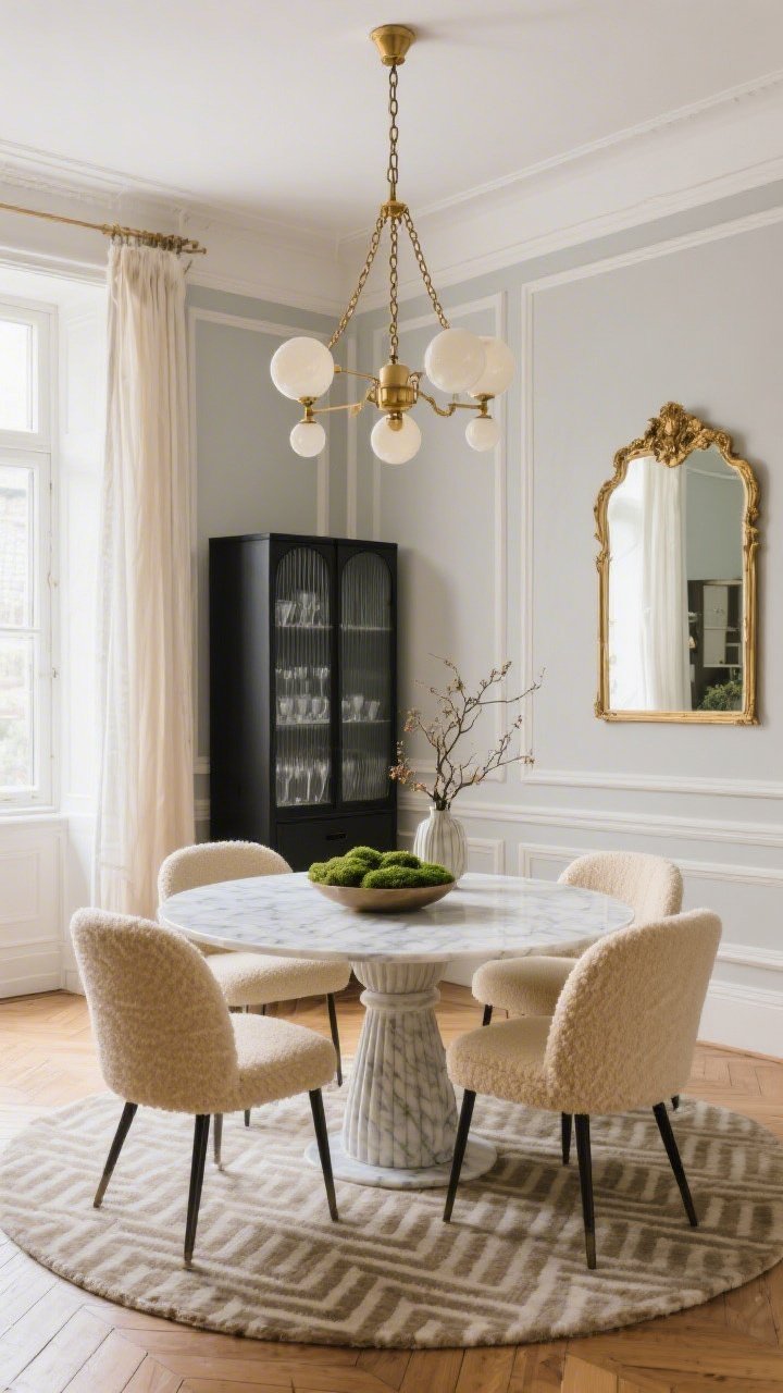 Wide dining room shot, slightly off-center perspective: Parisian-modern space with wainscoting/picture-frame molding on soft greige walls. Round marble pedestal dining table surrounded by curved bouclé dining chairs in warm cream. Chain-hung brass chandelier with opal globes overhead. Herringbone wood floor or chevron-look rug beneath. Low bowl of moss centerpiece or seasonal branches in a tall fluted vase. Narrow black cabinet with reeded glass for glassware, sheer linen window panels, and an oversized vintage-inspired gold mirror reflecting light. Chic, airy ambience, photorealistic.