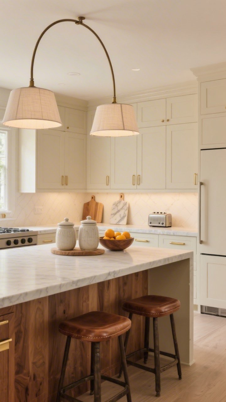 Wide kitchen shot from an island corner: Warm minimalist kitchen with flat-front cabinetry in creamy beige/putty and warm wood accents on the island. Integrated pulls or slim brushed brass bars. Honed quartzite/porcelain slab countertop running up as a seamless backsplash. Arched pendant lights with linen shades over the island casting soft glow. Low-back walnut-and-leather stools tucked cleanly. Edited styling: trio of ceramic canisters, a marble board, and a bowl of citrus. Panel-ready fridge, small counter garage for toaster, uncluttered surfaces. Natural daylight mixed with warm task lighting, photorealistic.