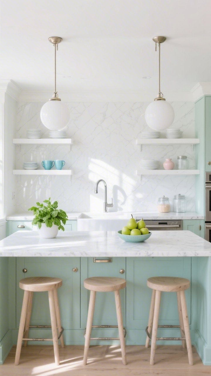 Wide kitchen shot, straight-on across the island: lower cabinets in cool mint, uppers replaced by open white shelving; white quartz countertops and a glossy white backsplash reflecting light; brushed nickel hardware; pale oak barstool trio at the counter; globe pendant lights overhead; chrome pull-down faucet; shelves styled with white dishes, robin’s-egg blue mugs, pastel ceramics, clear canisters, and a potted basil; a bowl of green pears on the counter; bright spring-morning light, polished yet airy, photorealistic, no people.