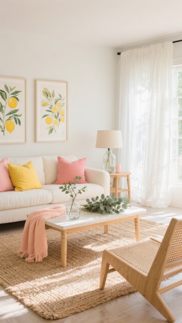 Wide living room shot, straight-on view: a soft white/pale cream low-profile linen sofa layered with lemon yellow, soft melon, and grapefruit pink pillows; woven jute rug under a blonde/light-wood coffee table; sheer white curtains gently puddling on the floor with sunlit glow filtering in; rattan lounge chair and light-wood side tables; citrus botanical art on walls; glass bud vases and a pale coral throw on the sofa; a fresh eucalyptus bundle on the table; a glass table lamp with linen shade; palette of cream, lemon, grapefruit pink, and soft melon, airy and cheerful, photorealistic, no people.