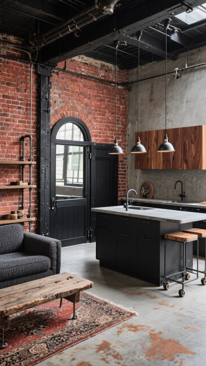 Wide loft shot with industrial soul: exposed brick wall, black steel elements, concrete textures. Kitchen features matte black lower cabinets, walnut uppers, poured-concrete-look countertop, metal-and-wood island on casters, a row of factory-style pendants. Living zone shows a charcoal tweed sofa, reclaimed beam coffee table, vintage Persian rug, open pipe shelving, black steel sliding barn door, oversized arched mirror reflecting light. Palette of brick red, black, walnut, concrete gray, rust accents. Gritty yet polished ambiance.