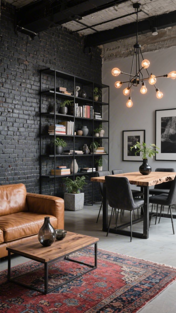 Wide loft-style shot of urban industrial space anchored by a charcoal brick accent wall running behind both zones; living area with cognac leather sofa, black steel-and-wood coffee table, vintage-style rug in muted reds and blues; floor-to-ceiling matte-black metal shelf acting as a subtle divider, filled with books, plants, and ceramics; dining area with a live-edge wood table on heavy iron legs, charcoal upholstered chairs, and a low-hanging multi-arm industrial chandelier; accessories include concrete planters, smoked glass vases, black-framed prints; warm Edison lighting glows against brick, photorealistic, no people.