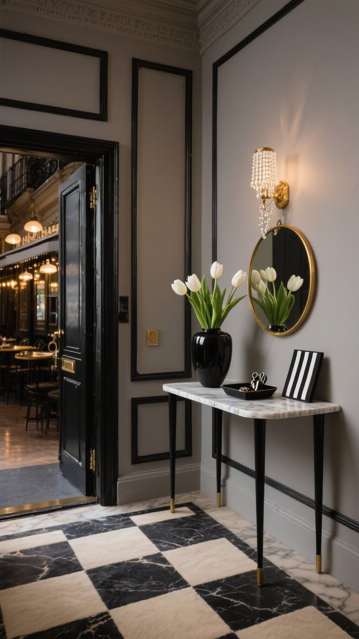 Wide, moody-chic Parisian entryway captured from a corner angle: greige walls with black picture-frame molding, a marble-topped console with slim black legs; styled with a tall vase of blousy white tulips, a black-and-white striped tray for keys, and a gilded convex mirror reflecting a café-glow; floor grounded by a cream-and-charcoal checkerboard rug; a delicate beaded sconce on a dimmer casting soft warm light; accents of greige, black, cream, and gold, photorealistic, no people.