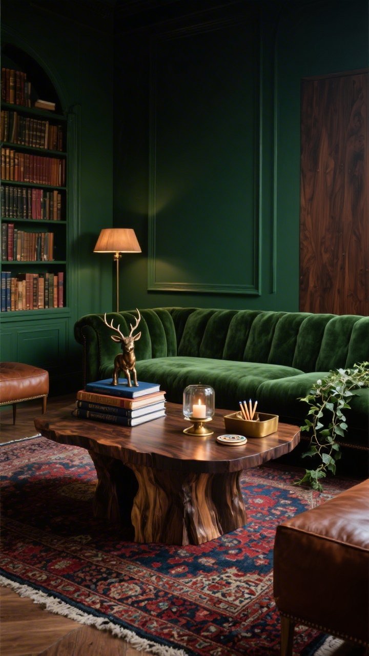 Wide, moody library lounge, straight-on: deep evergreen painted walls, moss velvet sofa, and a rich Persian rug with ruby and navy undertones; a substantial walnut waterfall coffee table centered, topped with a stack of literary hardcovers, a bronze stag-shaped bookend, and a smoky glass hurricane candle; a leather catchall with matches and coasters; small trailing ivy adding life; palette forest green, walnut, oxblood, brass, ink blue; textures velvet, wood slab, aged brass, glass, leather; low, cozy evening lighting with warm highlights on wood and brass, photorealistic, no people.
