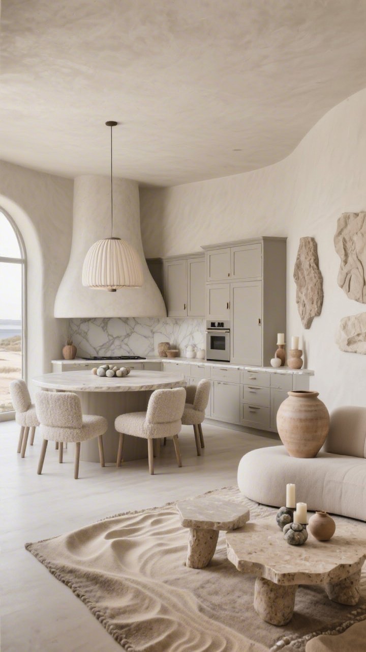 Wide, organic-modern greige open layout with soft curves; kitchen in greige cabinetry with integrated pulls, creamy subtly veined stone counters, curved plaster-finished hood; fluted island detail with sculptural stools upholstered in bouclé; dining zone features an oval travertine table, pebble-toned upholstered side chairs, linen drum pendant; living zone with a rounded sofa, travertine nesting tables, textured rug resembling sand dunes; oversized ceramic urns, plaster wall art, stone candleholders; palette of taupe, mushroom, bone, clay; gentle, diffuse daylight, serene and elevated, photorealistic.