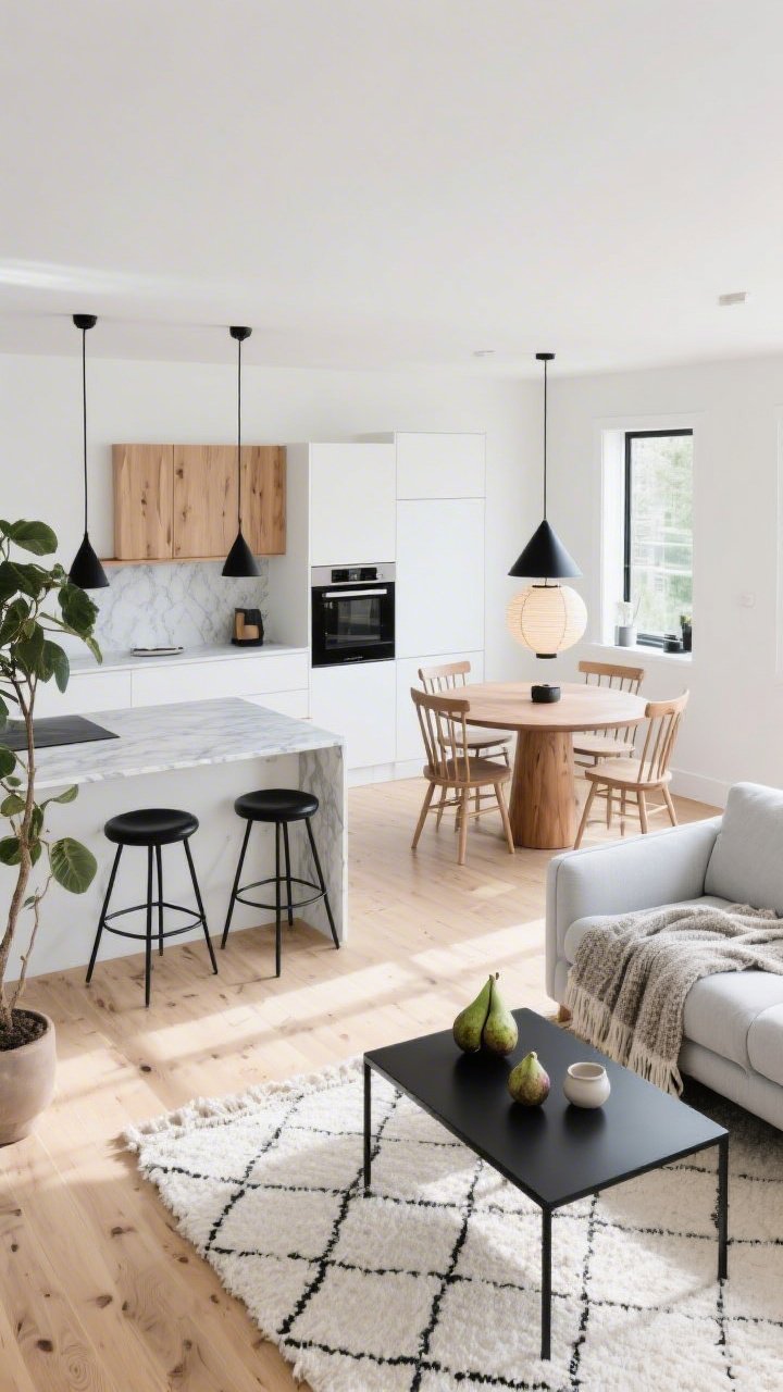 Wide overhead/raised angle: Scandinavian sunlight with black accents in a bright, airy open plan; light oak floors and gallery-white walls; kitchen with white oak slab cabinets and a thin black-framed open shelf; waterfall quartz island with sleek black stools; simple black cone pendants; dining zone shows a round oak pedestal table with spindle-back chairs beneath a paper lantern pendant; living includes a streamlined pale gray sofa, black metal coffee table, and an off-white hand-knotted geometric rug; accents: single fig tree, textured throws, minimalist ceramics; crisp daylight, clean geometry emphasized by strategic black lines; no people, photorealistic.