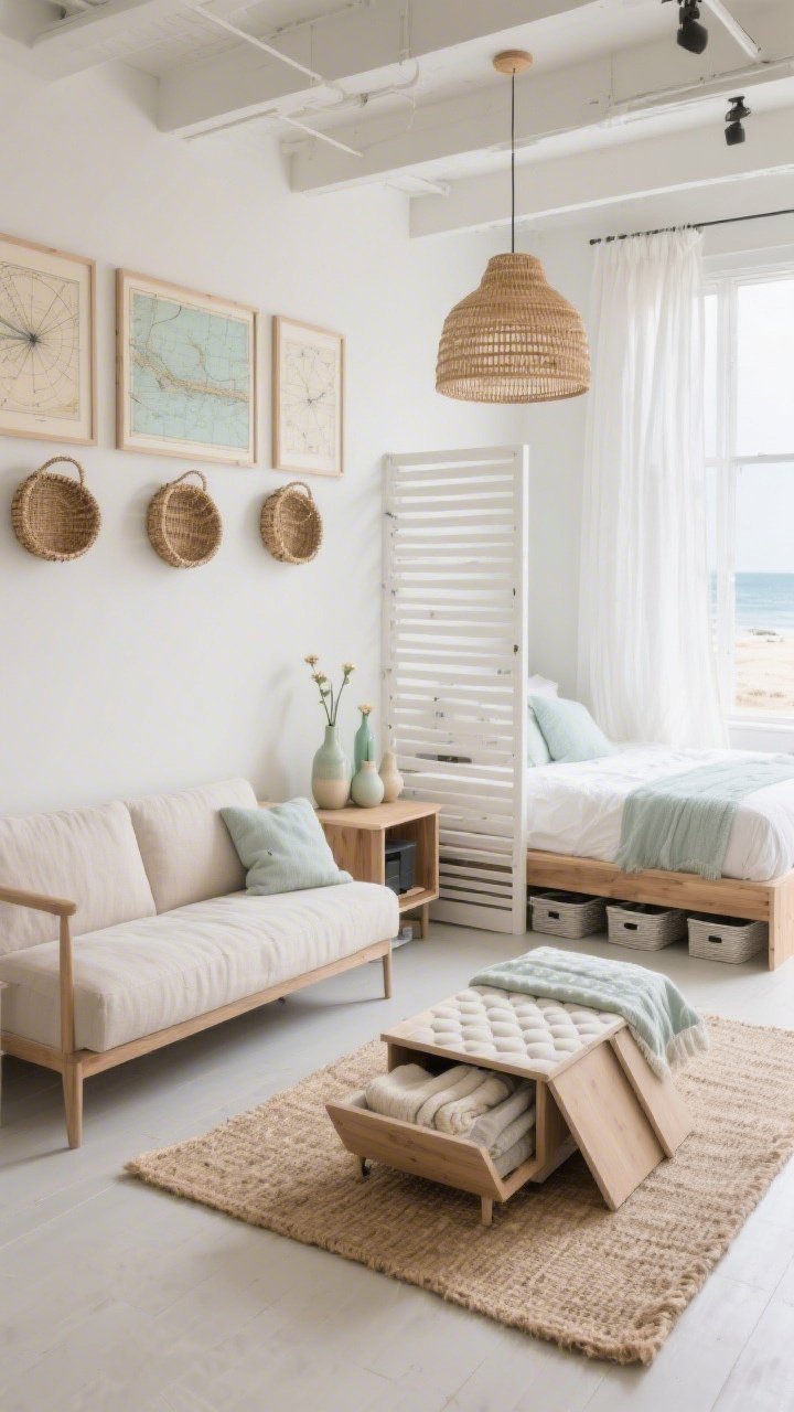 Wide room shot: A coastal micro-loft studio in sand, shell white, and driftwood gray with a hint of seafoam in textiles; low-profile linen loveseat facing a narrow oak console that doubles as media stand and drop zone; bed tucked behind an open slatted room divider allowing light to flow; jute rug layered under a petite tufted runner; sheer white linen curtains filtering bright natural daylight; rattan pendant overhead; trio of woven wall baskets; lift-top coffee table partially open showing stored throws; under-bed rolling bins slightly visible; framed vintage nautical maps on the wall; cluster of ceramic bud vases in pale greens and creams on console; calm, airy, beach-house vibe; photorealistic, corner angle.