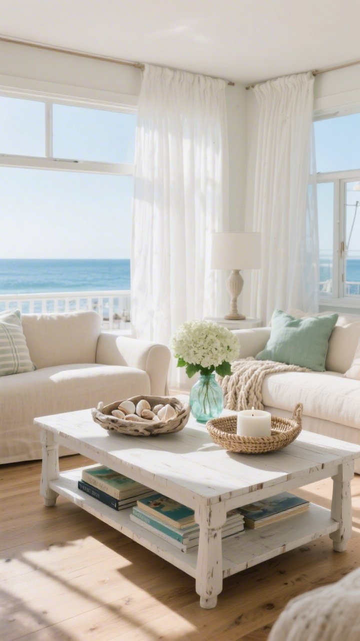 Wide room shot, Coastal Calm With Breezy Blues: a sunlit living room with gauzy white curtains and pale, sun-kissed oak floors; soft linen sofas in oatmeal beige; a whitewashed wood rectangular coffee table with softened edges styled with ocean-hued art books, a low driftwood bowl filled with shells, and a small sea-glass vase holding a single hydrangea stem; a woven tray corraling a candle in a matte white vessel; airy, low-profile arrangement with layered horizontals; color palette of sand, soft white, misty blue, and sea-glass green; textures of linen, rope, bleached wood, ceramic; natural coastal daylight, no people, photorealistic.