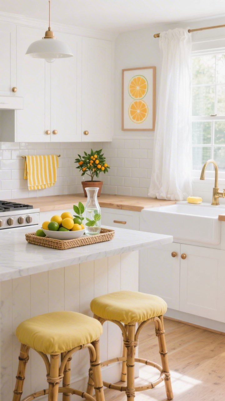 Wide room shot, “Crisp Citrus Café” kitchen: bright, airy space with clean white cabinets, glossy white subway tile backsplash, light wood counters and bamboo bar stools; brushed brass or warm bronze hardware gleaming in soft morning light; sheer white café curtains filtering sun; linen chair pads in soft yellow; on the counter a rattan tray with a glass carafe of water and mint, a bowl piled with lemons and limes, and a small potted kumquat tree; striped yellow cotton tea towels; citrus art prints; citrus-scented soap by the sink; photorealistic, color palette of clean whites, light woods, lemon, tangerine, lime.