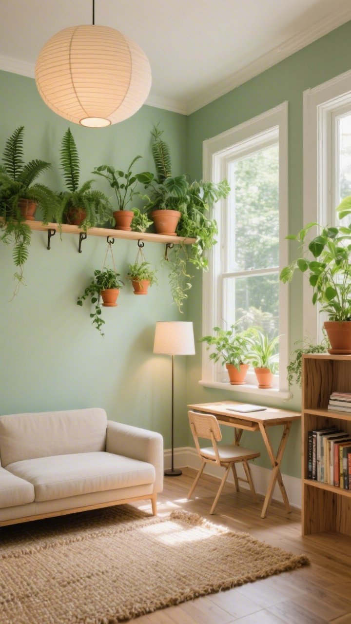 Wide room shot: Plant-filled sun nook in soft pistachio walls with warm white trim, flooded with daylight; slim armless oatmeal sofa facing a folding drop-leaf table set as a small desk; wall-to-wall plant ledge above eye level hosting ferns, pothos, and trailing ivy; ceiling-mounted rail with hooks supporting hanging planters to keep the floor clear; materials mix of terracotta pots, birch veneer bookcase, and a seagrass area rug; full-spectrum floor lamp illuminating a low-light corner; paper drum shade overhead for diffused light; adaptable, lively biophilic mood; photorealistic, corner angle.