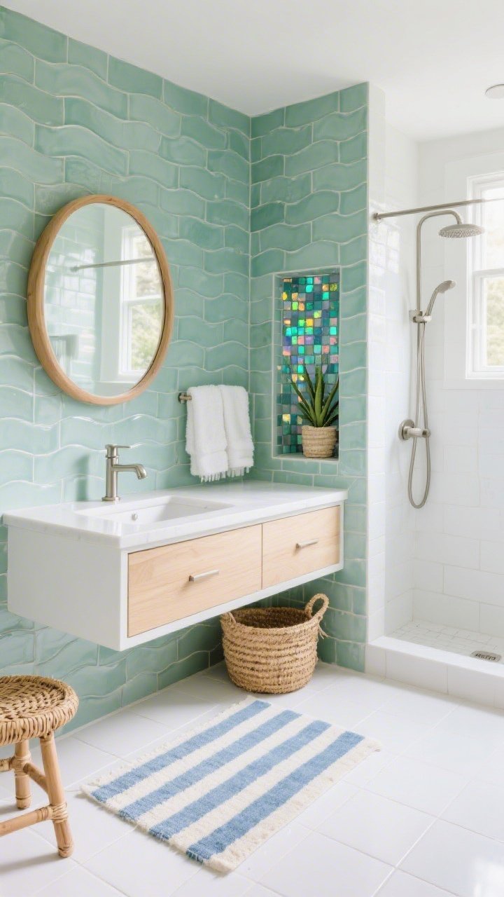 Wide room shot, straight-on view: A breezy, spa-like bathroom wrapped in sea-glass green subway tiles with a subtle handcrafted ripple that catches light like waves; matte white hex tile floor; white floating vanity with pale oak drawers and thin porcelain countertop; round wood-framed mirror; brushed nickel faucet and shower trim; fluffy white towels and a striped blue-and-cream bath mat; rattan stool, seagrass basket, and a tiny aloe plant on the sill; shower niche lined with iridescent mosaics that twinkle when wet; bright natural daylight for a soothing coastal mood; no people, photorealistic.
