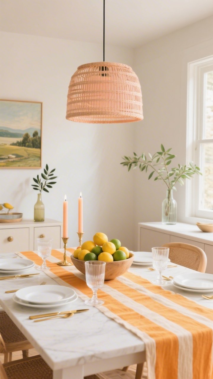 Wide shot, citrus-glow dining room: dining table dressed with a striped saffron or tangerine linen runner; place settings of white plates, brass flatware, and clear glass goblets; centerpiece bowl brimming with lemons and limes; a pair of tapered candles in pale apricot/peach; overhead woven pendant or drum shade replacing a darker fixture; sideboard styled with a small landscape painting and an olive sprig in a bottle vase; simple greenery branches in a slim vase; palette of tangerine, saffron, white, brass; sunny, elegant brightness with warm daylight, photorealistic.