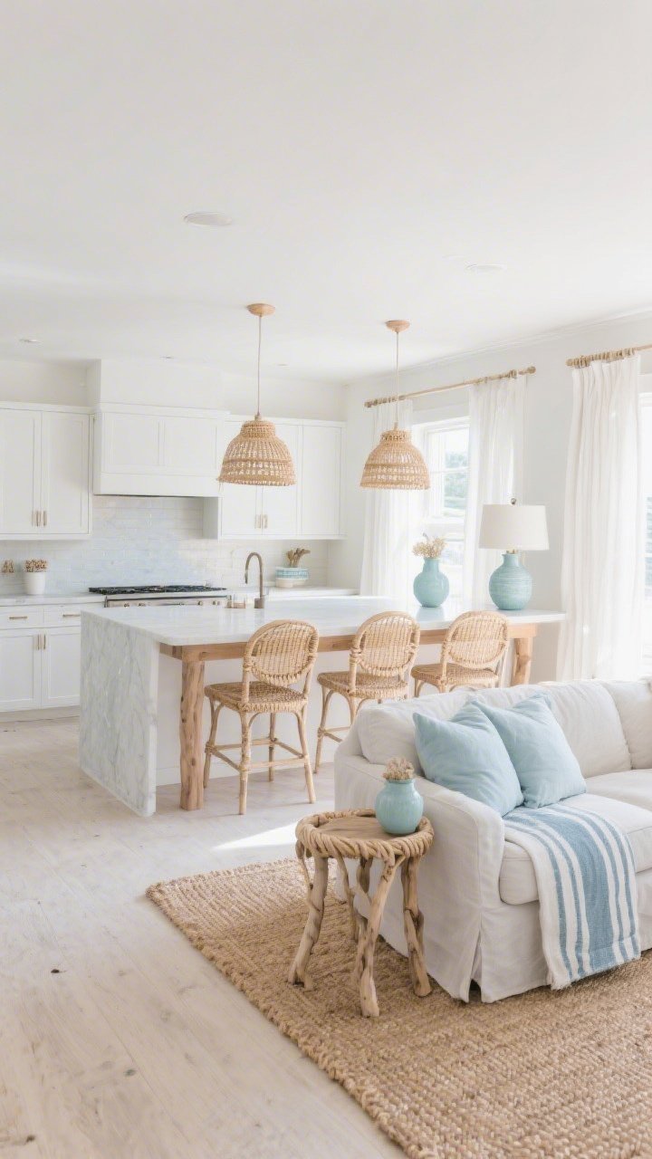 Wide shot, coastal calm open concept kitchen-dining-living room in soft whites, warm sand, and sea-glass blues; matte white kitchen with white oak lower cabinets, pale quartz island that subtly shimmers; woven pendants over the island; rattan dining chairs around a slim driftwood-style dining table; living zone with a cloudy slipcovered sofa, pale blue linen pillows, and a sisal rug; rope-wrapped lamps, ceramic vases in frosty blues; a wide striped runner visually linking the island to the dining table; jute runner through the kitchen; light-filtering linen curtains, bright natural daylight, breezy beachy mood, no people, photorealistic.