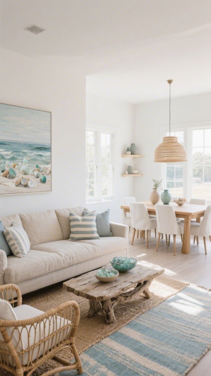 Wide shot, coastal calm open-concept living room and dining room in warm white walls with a whisper of gray, sunlit and breezy mood; living zone with an oyster-beige linen low-profile sofa on a jute rug, driftwood coffee table, two rattan accent chairs, oversized coastal art with sea-glass hues; dining zone with a light-oak rectangular table with tapered legs and white slipcovered chairs; woven pendant over dining table; styling with ceramic vases, sea-glass bowls, striped pillows; zones subtly separated by layered rugs and a shared palette of soft blues, sand, and bleached wood; natural daylight, no people, photorealistic.