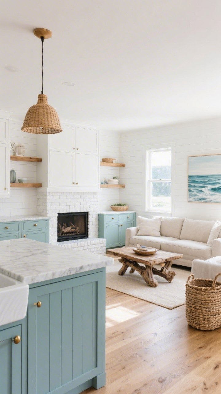 Wide shot, coastal calm open-plan kitchen and living room, misty blue base cabinets with crisp white uppers, island in muted seafoam with honed soapstone waterfall edge and beadboard paneling, brass cup pulls, warm rattan pendants casting dappled light, white oak floors continuous into living area; living room shows low-profile linen sofa facing a white-painted brick fireplace, pale oak shelves, slim shiplap accent wall, chunky driftwood coffee table, woven baskets, ocean-inspired art; palette of seafoam, white, sand, driftwood oak; bright natural daylight, airy seaside vibe, photorealistic, no people, corner angle capturing both zones.