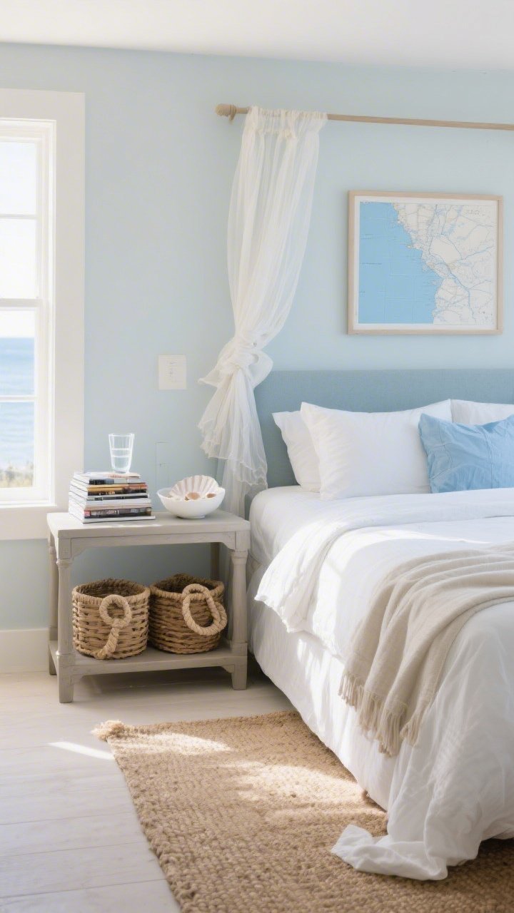 Wide shot, Coastal Quiet Retreat bedroom: airy coastal mood with misty blue, sand, and linen white palette; the bed dressed in the lightest linens with pale throws layered hotel-style at the foot; a side table borrowed from the living room as a nightstand topped with a neat stack of magazines, a shell-white bowl, and a clear glass of water; a sheer scarf or spare sheer curtain draped over the headboard for breezy movement; woven baskets for nightstand storage and a rope/jute rug under the bed; simple framed blue tissue paper or a map as art; soft, sun-kissed natural light, calm atmosphere, photorealistic, straight-on.